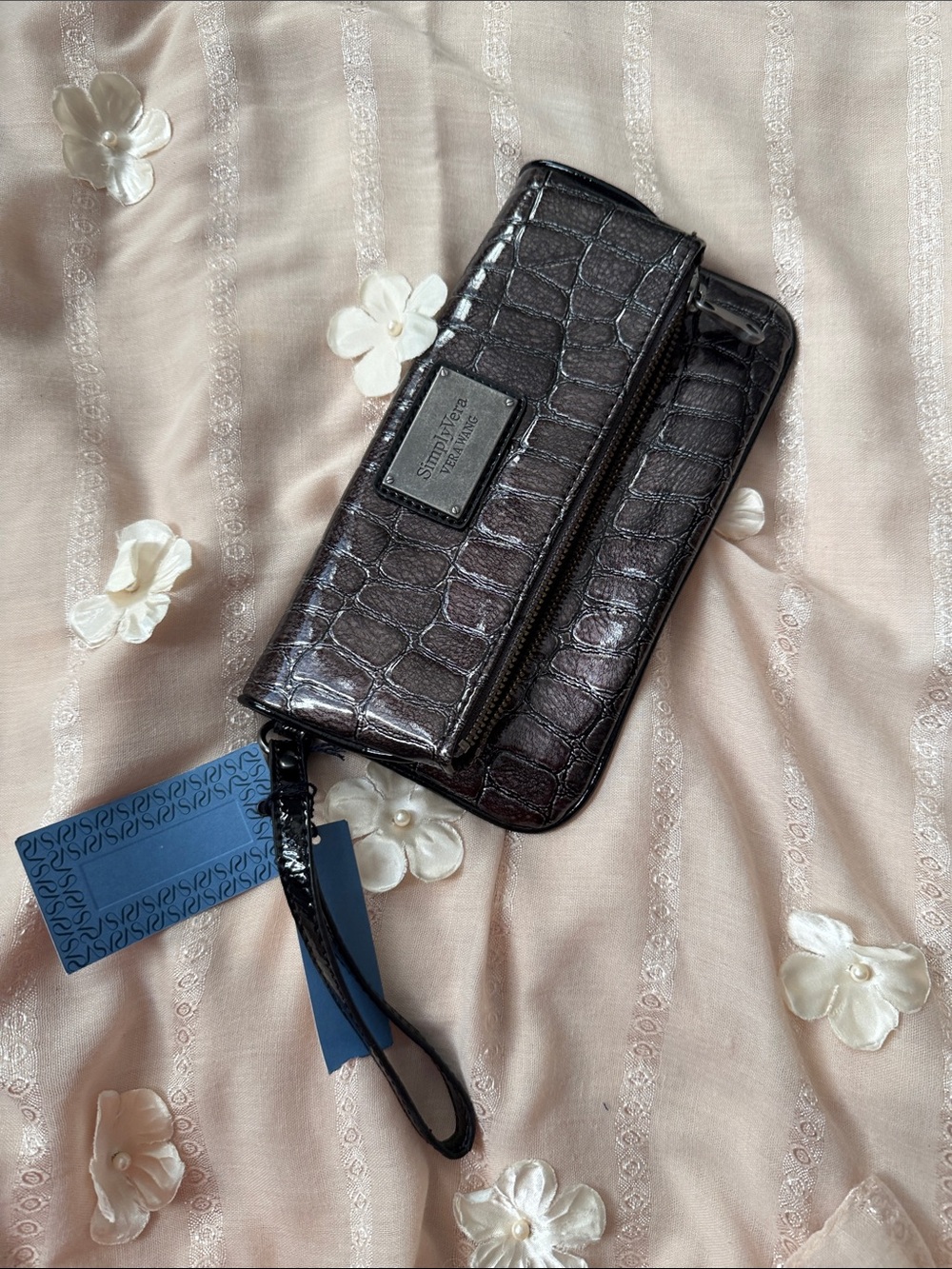 Croc-Embossed Dark Brown Convertible Wristlet